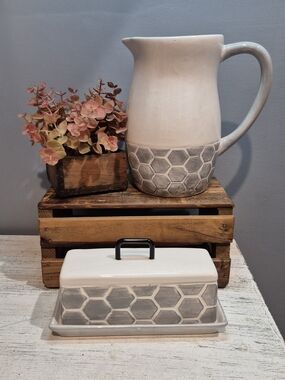 Ceramic Pitcher And Matching Butter Dish Farmhouse Rustic Kitchen Decor Set LN